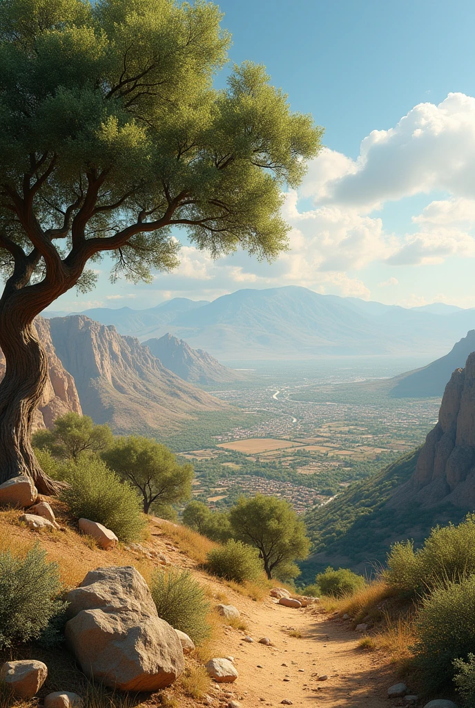 biblical representation of a tree, a mountain, and the city of Samaria in the background