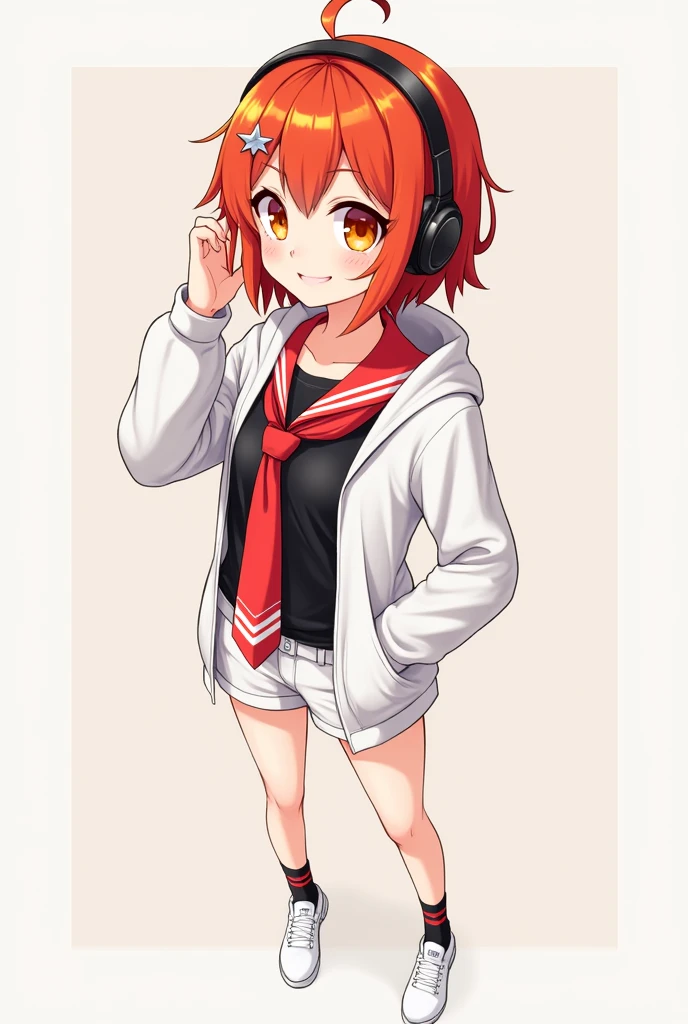 Female, Anime, Short red-haired, Faired skin, Orange eyes, Black headphones, Red twin-necktie with white stripes, Black undershirt, White hoodie, White shorts, White shoes