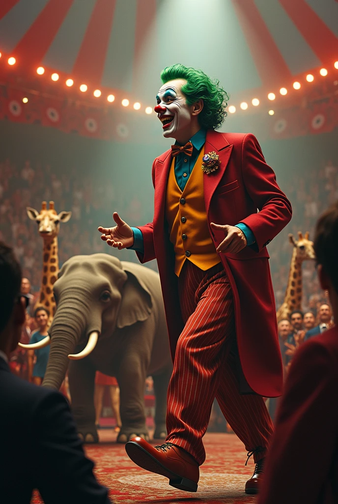 Circus and fun, lots of games, clowns playing, trapeze artists, elephants, giraffes, bears, lions, thanking and happy, people applauding, inside the circus, Joker performs, best quality, work of art, very aesthetic, perfect composition, details Intricate, Ultra-detailed