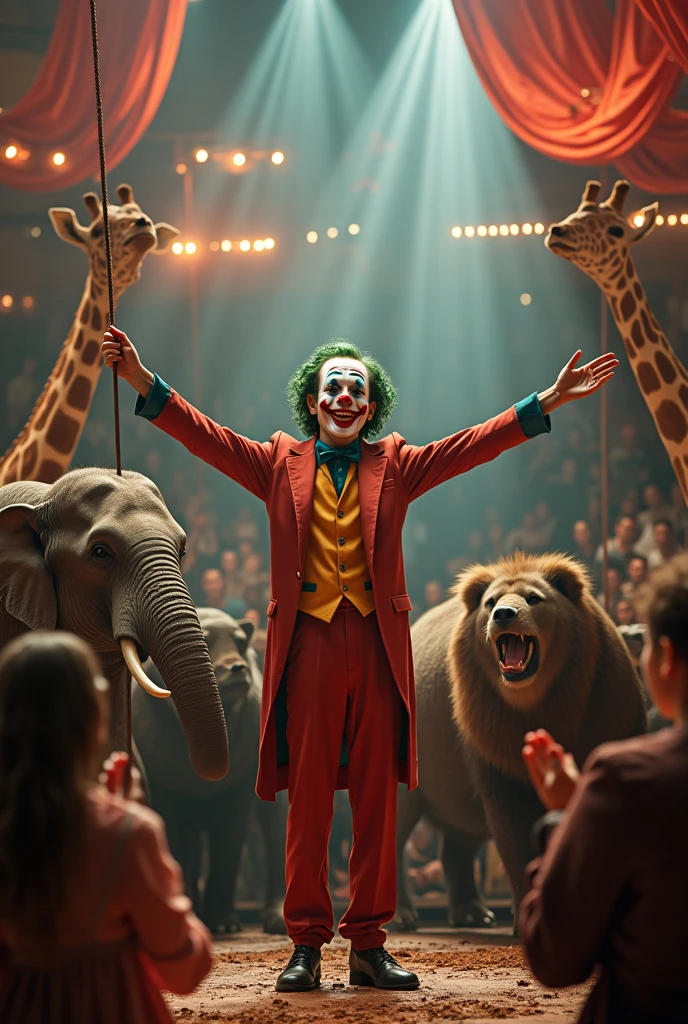 Circus and fun, lots of games, clowns playing, trapeze artists, elephants, giraffes, bears, lions, thanking and happy, people applauding, inside the circus, Joker performs, best quality, work of art, very aesthetic, perfect composition, details Intricate, Ultra-detailed