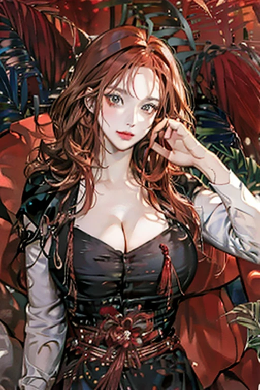 She is a remarkable woman, with long red hair that contrasts with her gothic look. Seus olhos penetrantes, highlighted by dark makeup, and her prominent lips reflect a mixture of mystery and indifference. Wearing a white dress shirt and a black tie, her silhouette is defined by rounded breasts and a firm butt. The tattoo on his neck and the cigarette in his hand reinforce his defiant and carefree attitude., conveying an image of someone who lives by their own rules with confidence and power.