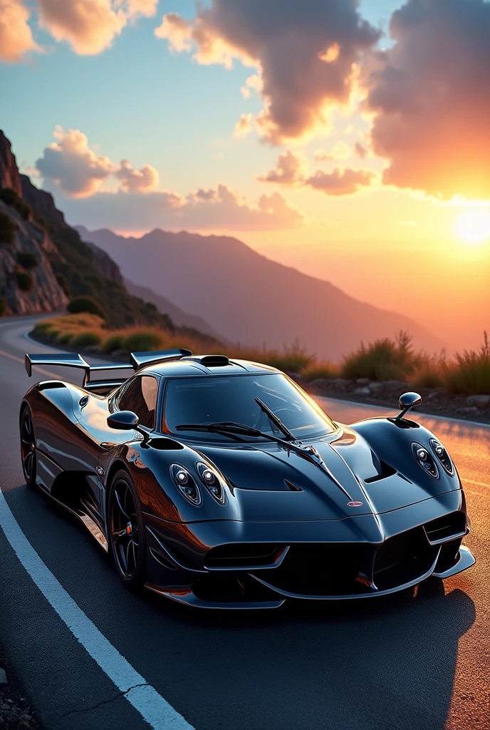 A captivating digital wallpaper showcases a sleek and elegant Pagani Huayra BC, named HVP, parked on a serpentine mountain road. The car's glossy paint job highlights its intricate and complex design, exuding power and luxury. The vibrant sky is filled with a breathtaking view of the azure heavens above and the golden sun setting behind the horizon. The cinematic atmosphere creates a stunning visual treat for automobile enthusiasts., cinematic, photo, vibrant