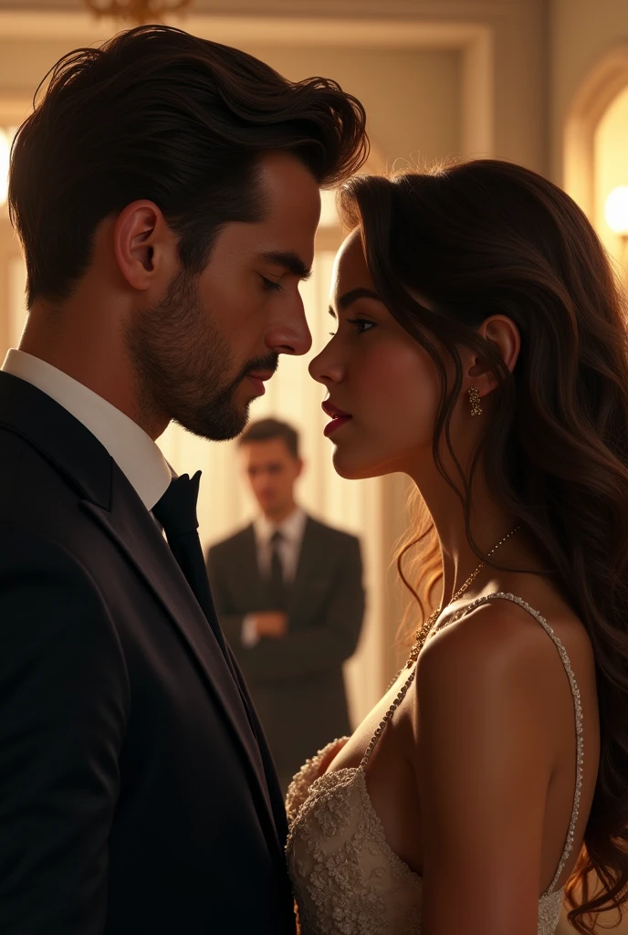A young woman and would be 25 years old, brown hair and dark skin. Next to her, a serious, high-class 30-year-old man in a suit staring at her.. Behind them another angry jealous guy.