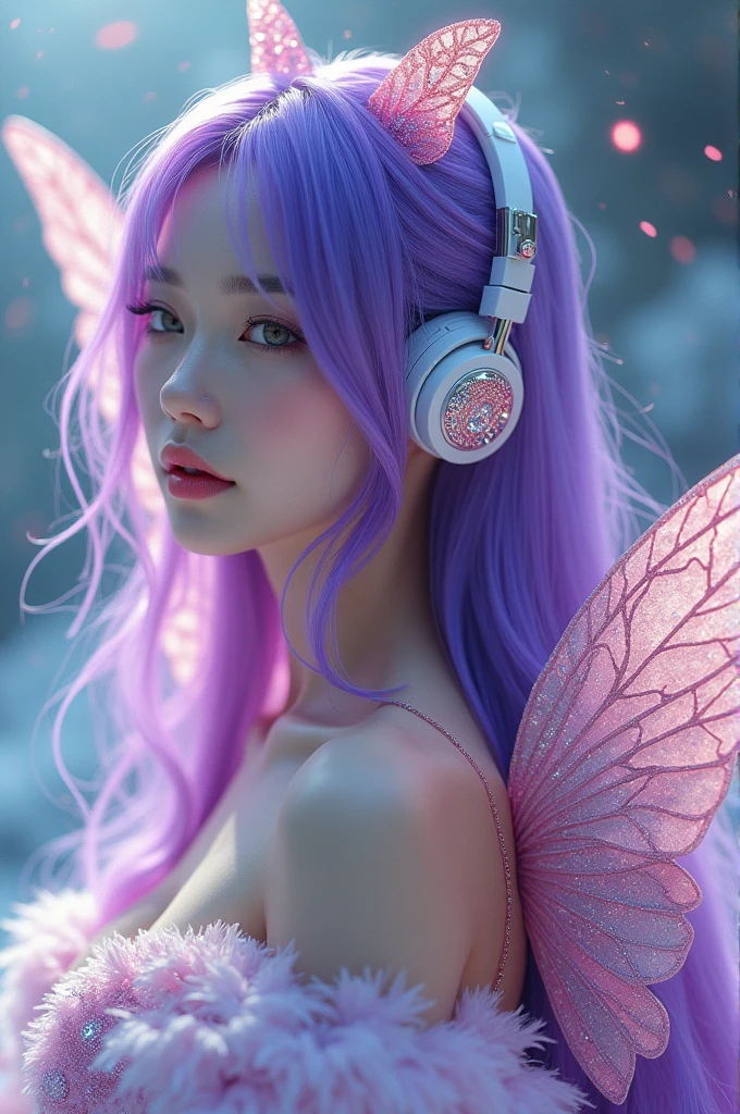 Korean purple hair butterfly woman with headphone and diamond feather clothes and pink glitter wings
