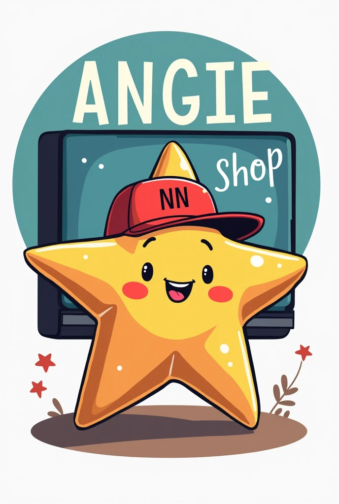 Create a logo with a star character watching a movie with a Netflix cap and that says Angie Shop so that it can serve both as a logo and to convert it into a png that is multipurpose