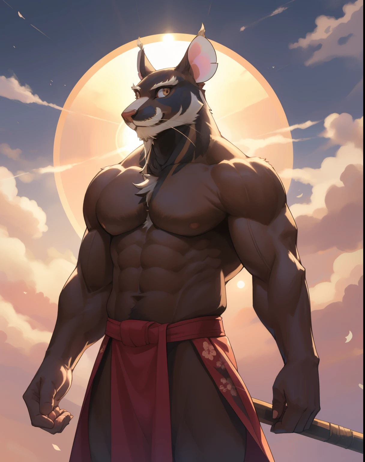 Splinter,mouse,male,adult,alone,4K,best quality,full-body shot,,looking at the audience,Show muscles,hairy body,Upper body exposed,bared chest, Hairy chest,Slim figure,slim body,Tail, Six-pack abs, biceps, Bending the biceps, anatomically correct,Delicate fur,pride,soft shadow,white loincloth,majestic,Detailed face,High quality eyes,brown eyes,black pupils,Sharp eyes,Grandiose,Valiantary,Smile confidently,Strong,mature,kimono,Blue sky and white clouds,The sun shines,dojo background