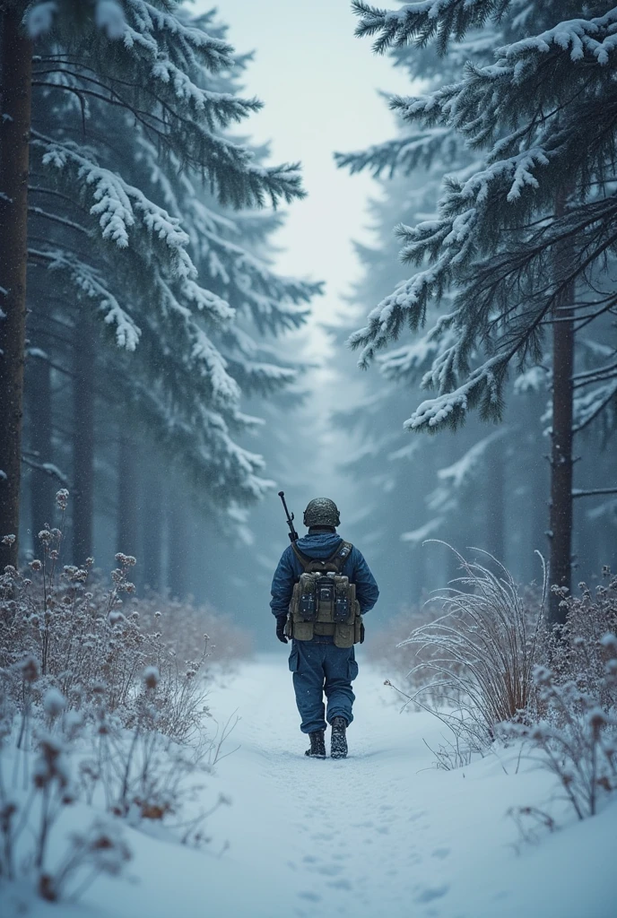 soldier in the forest does not snow alone