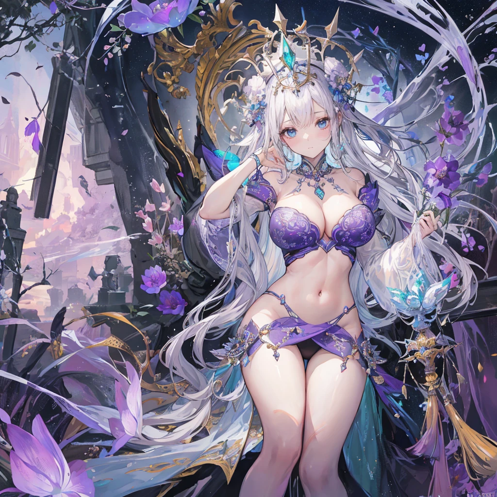 Wearing sexy transparent platinum low-cut lace armor cleavage big breasts、Close-up of woman holding lotus, Headdress, Violet necklace, jade belt , Toned abdominal muscles, Beautiful fantasy queen, ((Beautiful fantasy queen)), Beautiful Celestial Mage, Beautiful character painting, Full body fairy, Portrait of the Knights of the Zodiac, author：Yang J, G Liulian art style, Fantasy art style, shorten