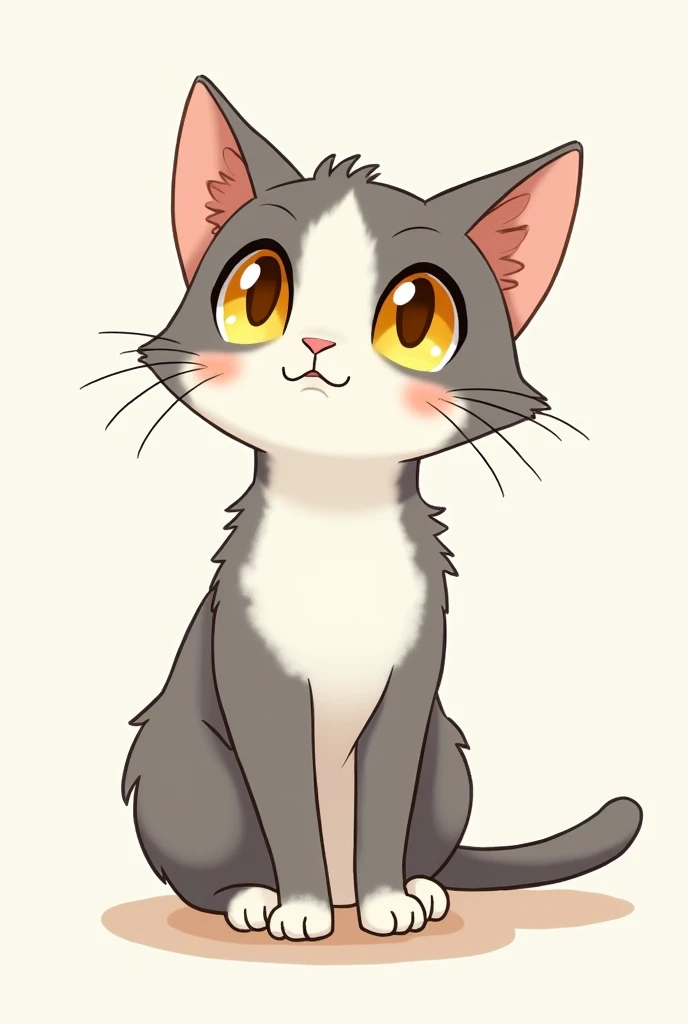 A gray cat, not very chubby, big, yellow eyes, a medium gray and white mixed cat, a big black and white cat, Cute drawing