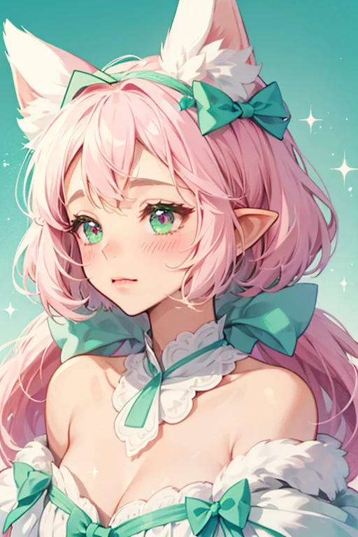 Pompie is a fluffy mint green girl dog with pointy ears, a white muzzle and dollop of whip cream onher head, pink inner ears, and blushed cheeks. SPARKLE; GLITTER