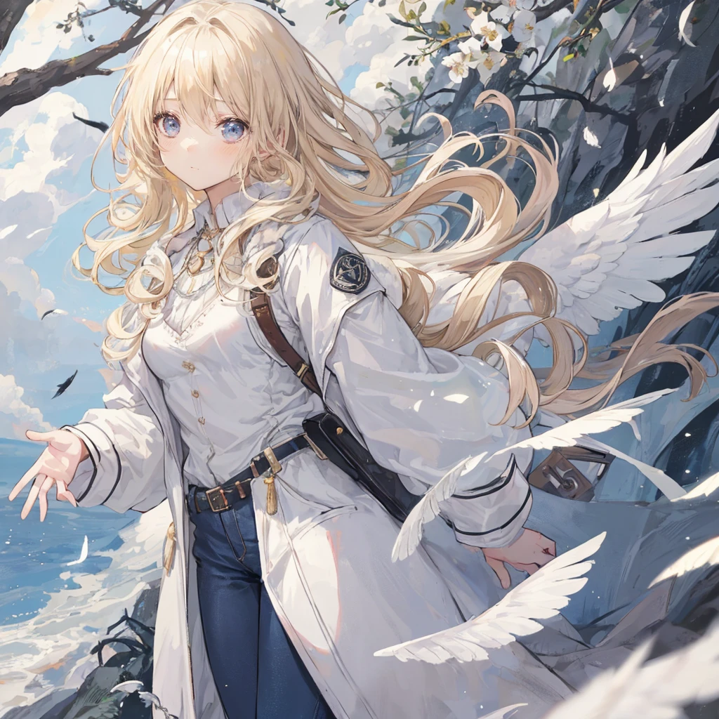 1 Girl, Medium breasts, Blonde Hair, Long hair, curls, Gray eyes, White feather wings, Angel, outdoor, White jacket, Necklace, Vest, jeans