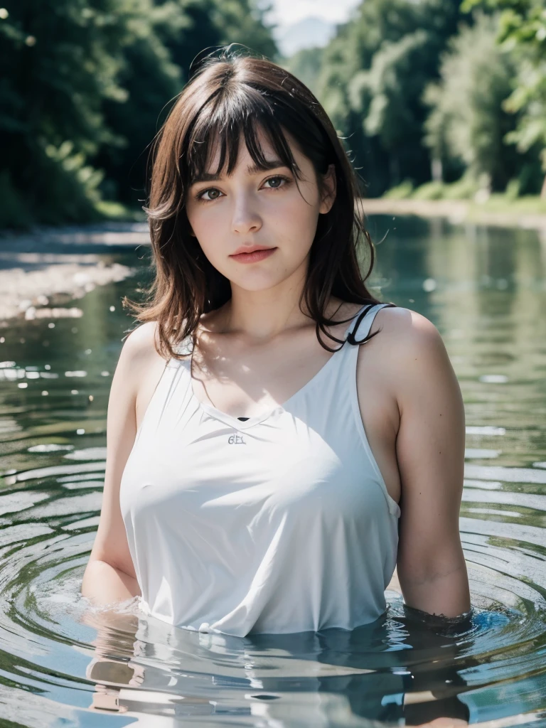 gros plan, nue, portrait, de, a, mignon, femme (gldot) se baigner dans une rivière, déjà, (rétroéclairage), Réaliste, chef-d&#39;œuvre, la plus haute qualité, reflet, ombre, floraison, [[aberration chromatique]], par Jeremy Lipking, par Antonio J.. Manzanedo, peinture numérique,