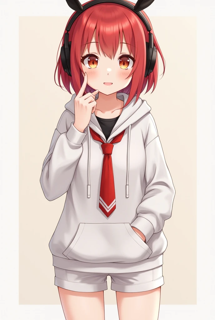 Female, Anime, Short red-haired, Faired skin, Orange eyes, Black headphones, Red twin-necktie with white stripes, Black undershirt, White hoodie, White shorts, White shoes