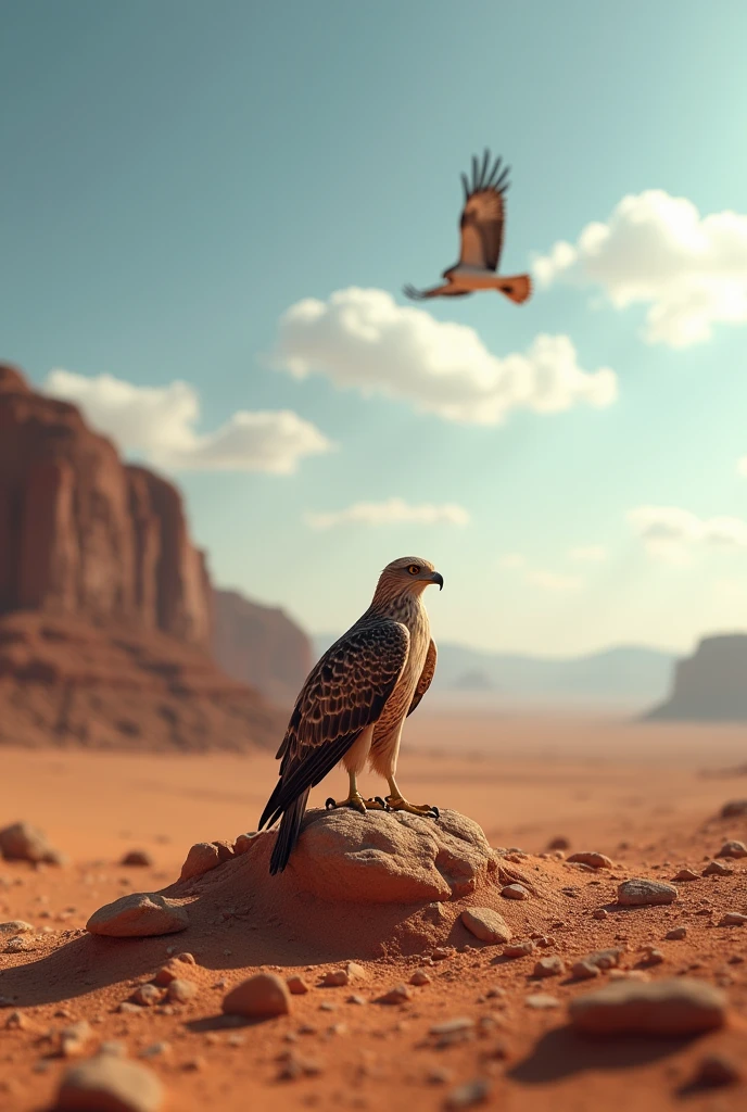 Desert I,rugged rocky area,A hawk flying in the sky,Inverted Image,Sharp focus,Bokeh,Depth of written boundary,Masterpieces,Ultra-fine,Ultra-realistic,8k,Best image quality,Detailed Description