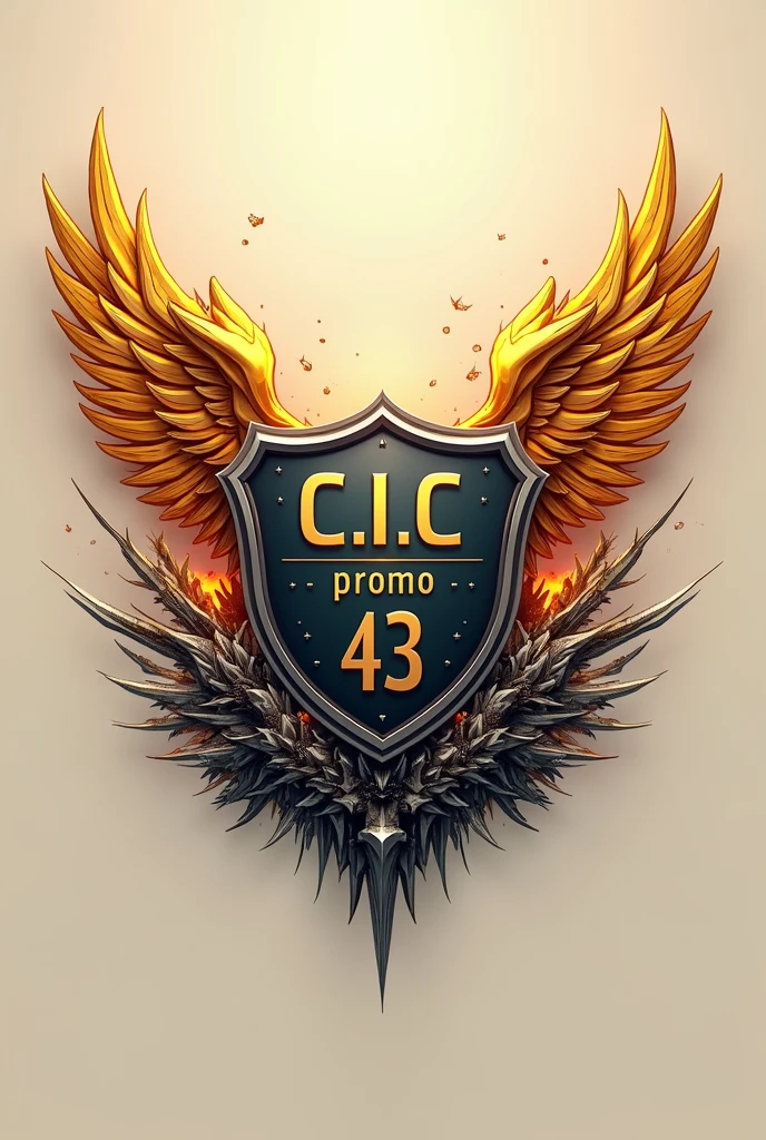 Bachelor&#39;s logo in beige background color and silver details with a shield with golden wings surrounded by fire and bushes and spikes that inside the logo says C.I.C promo 43 