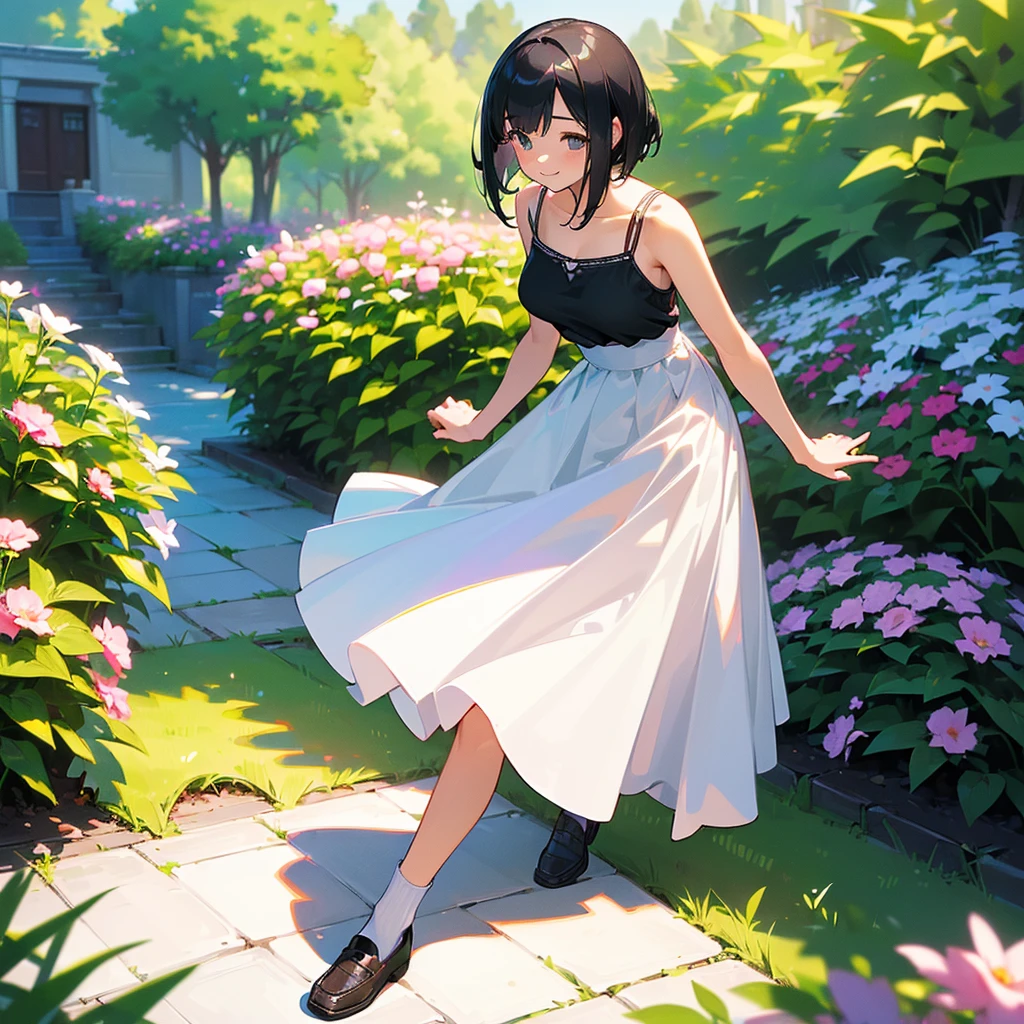 (high quality, High resolution, Very detailed, reality:1.37), Peaceful atmosphere, (Outdoor, garden), Teenage girl standing alone, (my breasts are big.), Beautiful details, Cute Smile, (Black bob hair), White camisole dress, White socks, loafers.