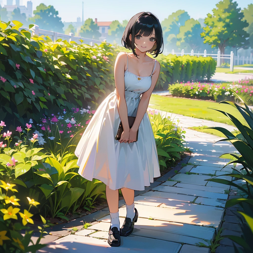 (high quality, High resolution, Very detailed, reality:1.37), Peaceful atmosphere, (Outdoor, garden), Teenage girl standing alone, (my breasts are big.), Beautiful details, Cute Smile, (Black bob hair), White camisole dress, White socks, loafers.