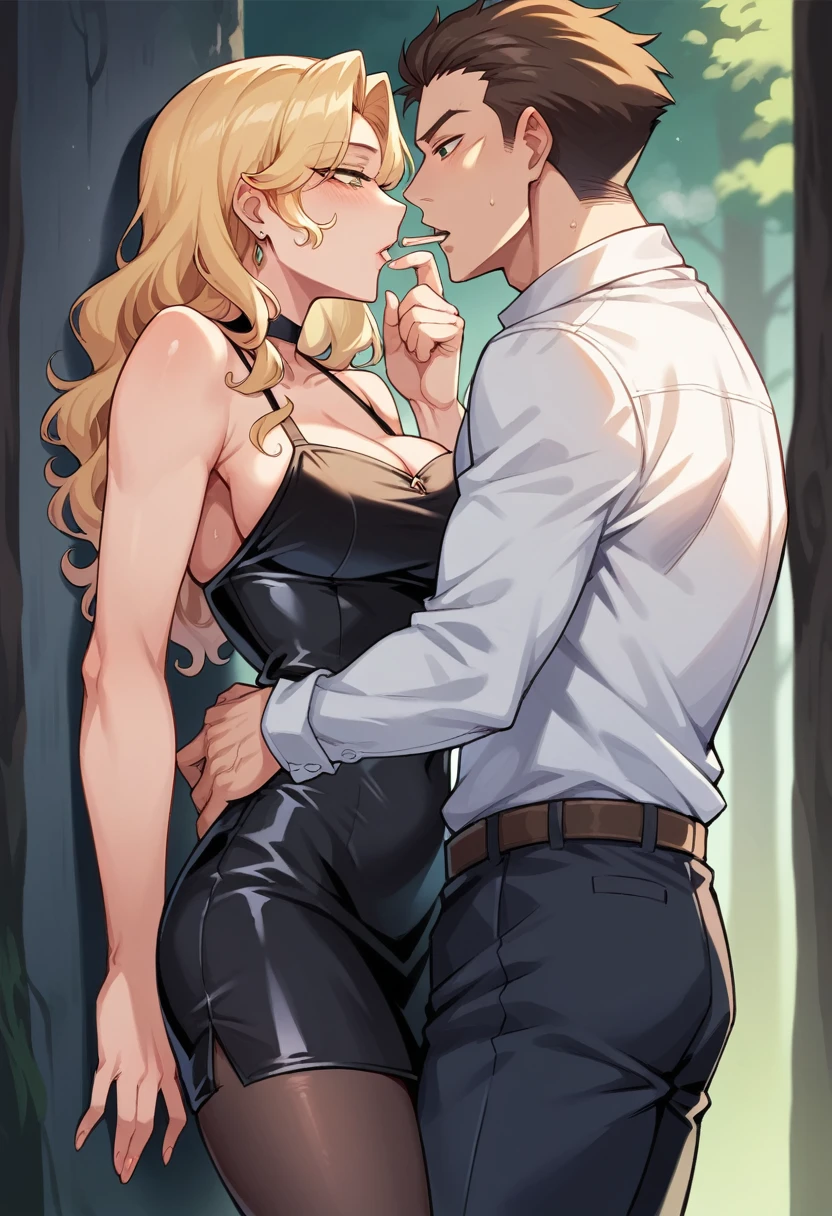 Comic books: a blonde woman with wavy light hair, with a passionate look wearing a tight black dress gluing her curves.

The woman looks at a man who is leaning against the wall wearing a black dress shirt and black dress pants while smoking, his possessive hands are on the woman&#39;s waist.

The setting is at night where it is a dark forest.

He looks at the woman with a possessive look