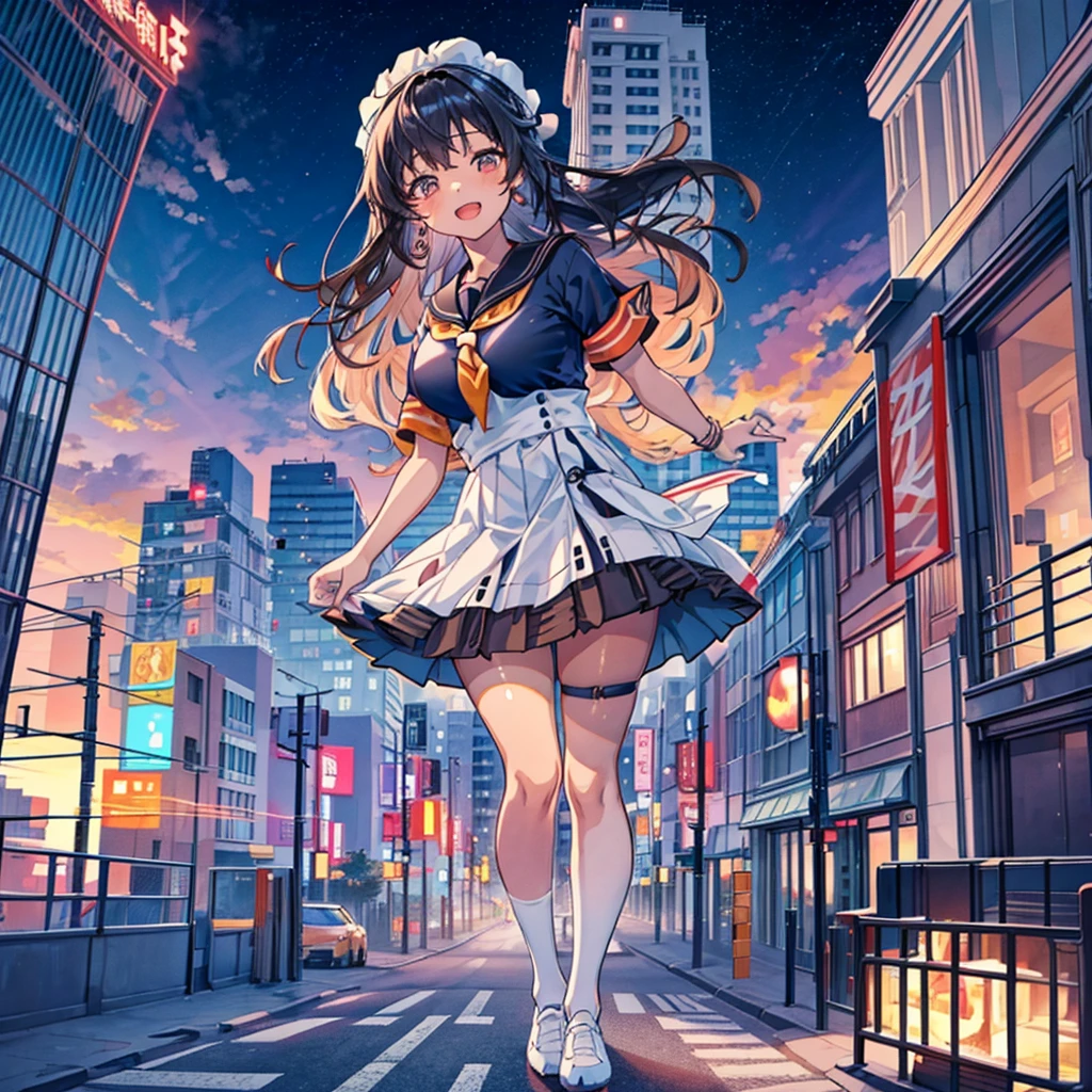 Composition viewed from below ((evening)) ((sunset)) ((sunset)) cumulonimbus masterpiece ((Brown skin)) ((Sunburn)) Anime Style Delicate painting 4K 90's giant Multiple Girls crowd ((Black Hair)) Metropolis crowd Crowd of people ((A giant schoolgirl standing in the valley of a skyscraper city)) Metropolis Tokyo Akihabara Electric Town Big Breasts Sailor suit Her underwear is visible Sweating profusely Splash sneakers White socks watch Black Hair smile female giant giant girl Whole body Crowd Unreal Engine,cleavage ,a drawing of a , earrings, long hair,Cute picture Beauty Analog style whole body sneakers