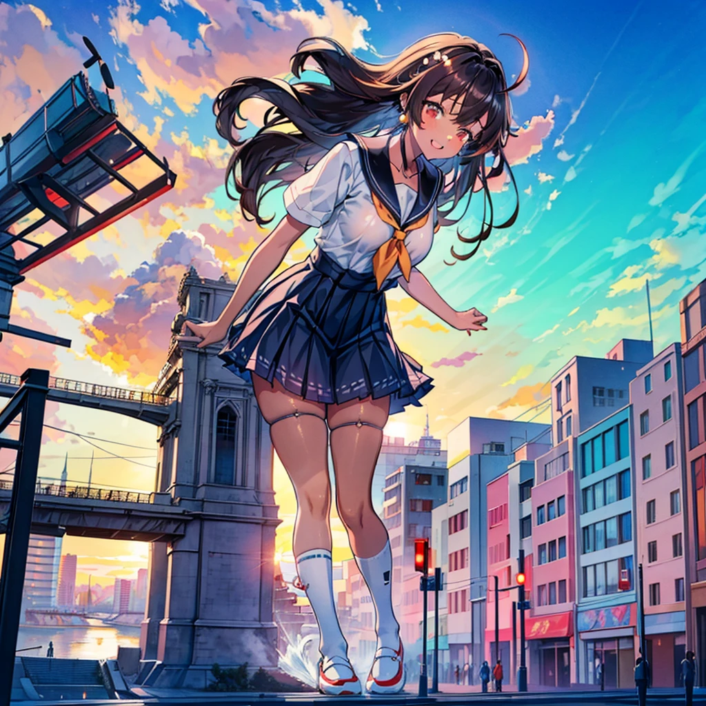 Composition viewed from below ((evening)) ((sunset)) ((sunset)) cumulonimbus masterpiece ((Brown skin)) ((Sunburn)) Anime Style Delicate painting 4K 90's giant Multiple Girls crowd ((Black Hair)) Metropolis crowd Crowd of people ((A giant schoolgirl standing in the valley of a skyscraper city)) Metropolis Tokyo Akihabara Electric Town Big Breasts Sailor suit Her underwear is visible Sweating profusely Splash sneakers White socks watch Black Hair smile female giant giant girl Whole body Crowd Unreal Engine,cleavage ,a drawing of a , earrings, long hair,Cute picture Beauty Analog style whole body sneakers