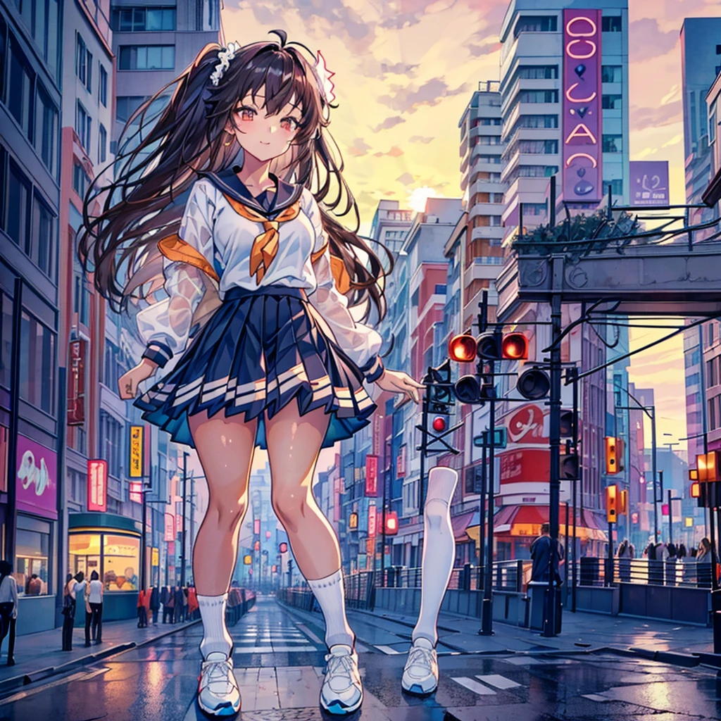Composition viewed from below ((evening)) ((sunset)) ((sunset)) cumulonimbus masterpiece ((Brown skin)) ((Sunburn)) Anime Style Delicate painting 4K 90's giant Multiple Girls crowd ((Black Hair)) Metropolis crowd Crowd of people ((A giant schoolgirl standing in the valley of a skyscraper city)) Metropolis Tokyo Akihabara Electric Town Big Breasts Sailor suit Her underwear is visible Sweating profusely Splash sneakers White socks watch Black Hair smile female giant giant girl Whole body Crowd Unreal Engine,cleavage ,a drawing of a , earrings, long hair,Cute picture Beauty Analog style whole body sneakers