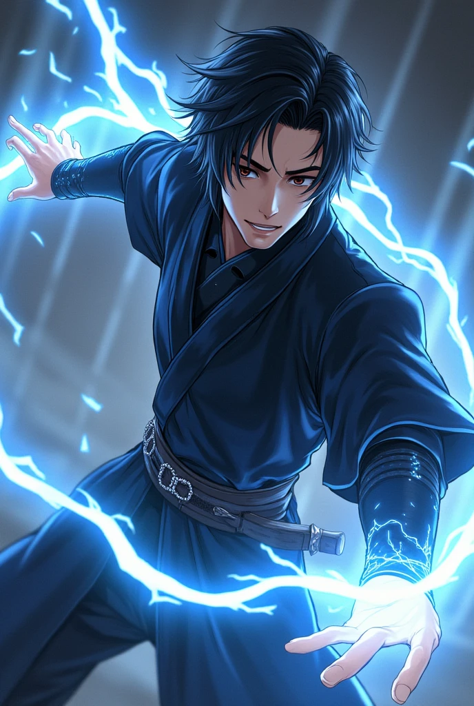 Create an image of the character Jin sakai, From the video game "Ghost Of Tsushima", wearing his all-black Japanese armor, Jin sakai is a young man, so he doesn&#39;t have a beard, not to mention he doesn&#39;t wear a long samurai haircut, but yes, a fringe divided in the middle and voluminous, jin sakai has electric powers make the image in an anime style.