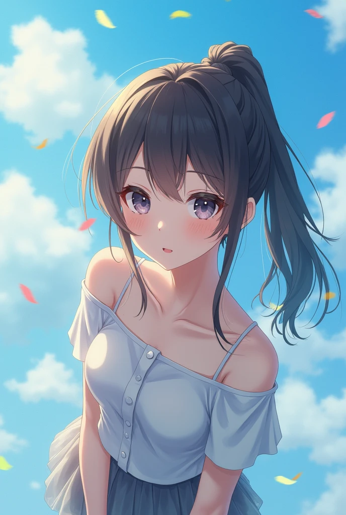 (Highest quality, masterpiece, Ultra-high resolution, (Realistic:1.4), RAW Photos, Depth of written boundary, Professional Lighting, Perfect Anatomy, Very detailed), ((From above):1.3), One girl, , The most famous Japanese idols, (((Under the sky, Are standing))), Wearing a cute, sheer miniskirt, View your viewers, (((Embarrassing):1.3)), (Very cute face like the most popular Japanese idol, (Very cute and with very big round eyes), Very beautiful hair,ponytail, (Very beautiful、Highly realistic skins), Very cute long eyelashes, Very cute lips)