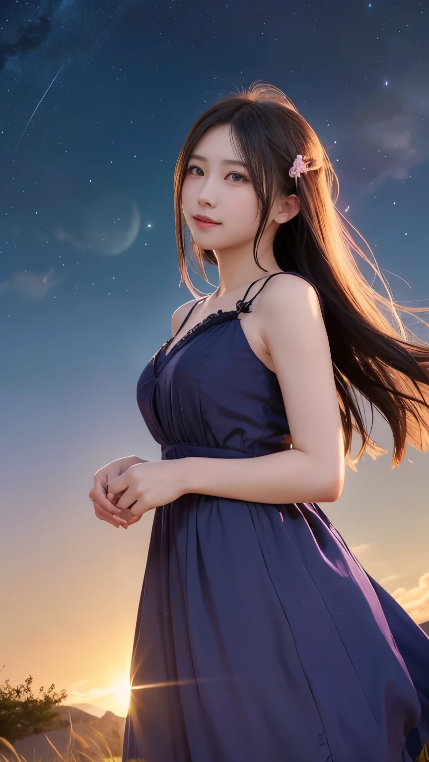 (logo、masterpiece、8k、Tabletop、RAW Photos、wonderful、最high quality、フォトリアルでVery detailedなCG合成8k壁紙、high quality、Very detailed、Narrative poem、Particle Effects、Dynamic Effects、Depth of the Boundary)What is written is、Cinematic Light、Lens flare、Ray Tracing)、Fantasy、(Purple Dress)、(night、night空、Starry Sky、full moon)、(Girl looking up at the sky)、sit、cute、Japanese style、 (smile)、Long Hair、Strong winds、(Hair blowing in the wind)、Natural light、moonlight、(Horizontal photography)、(chest emphasis)、(Low position)、(Low - Angle)