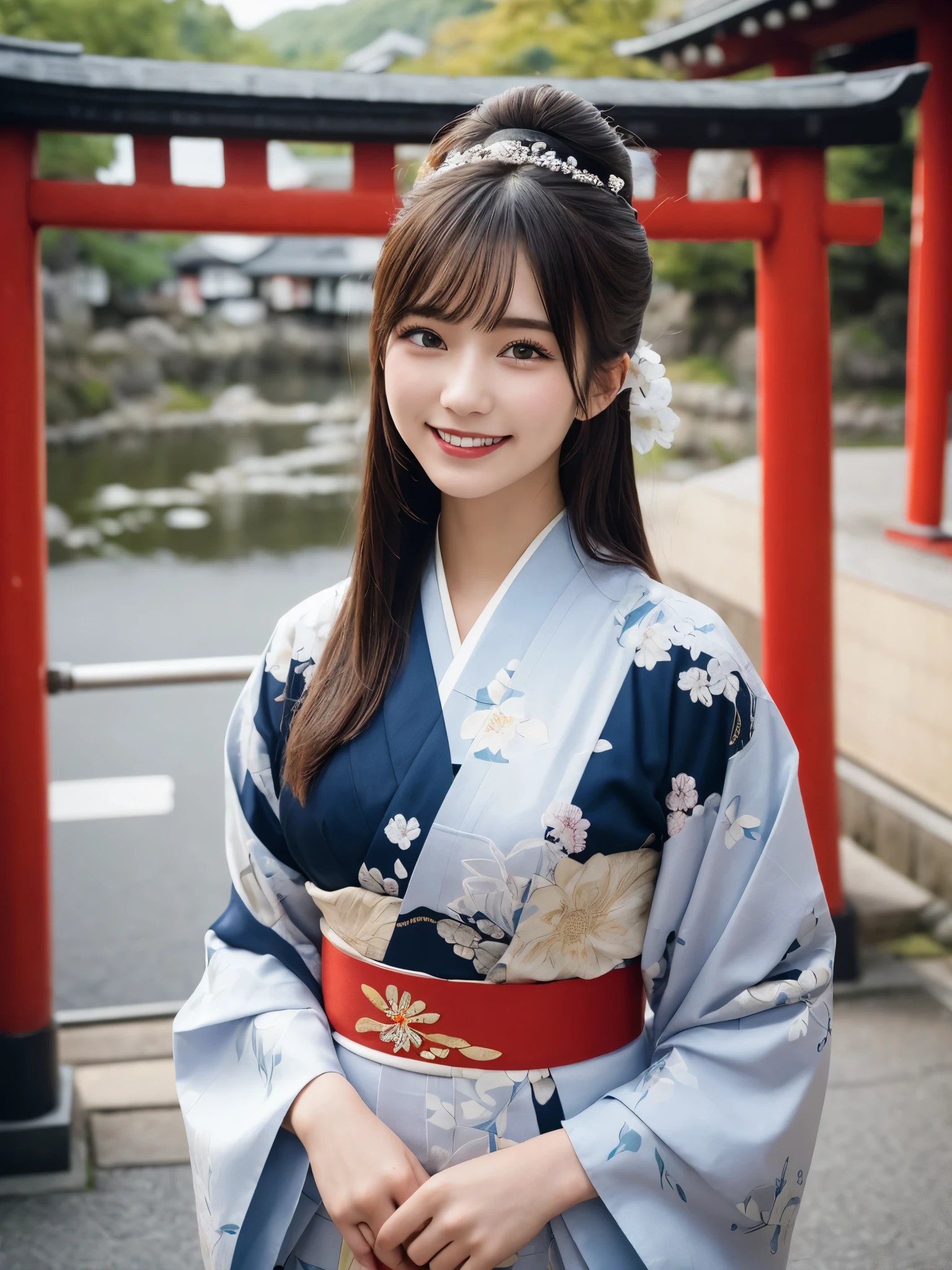 1girl, 18 years old, cute and beautiful, solo, highres, best_quality, masterpiece, detailed_background, intricate_details, beautiful, maiko, geisha, kyoto, gion, traditional_clothes, kimono, torii_gate, smile, looking_at_viewer, dynamic_pose, natural_pose, candid, happy