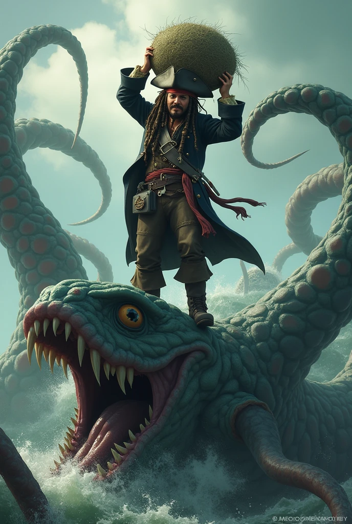 Capitaine Jack Sparrow portant en l'air un bocal de terre sur le dos d'un kraken 