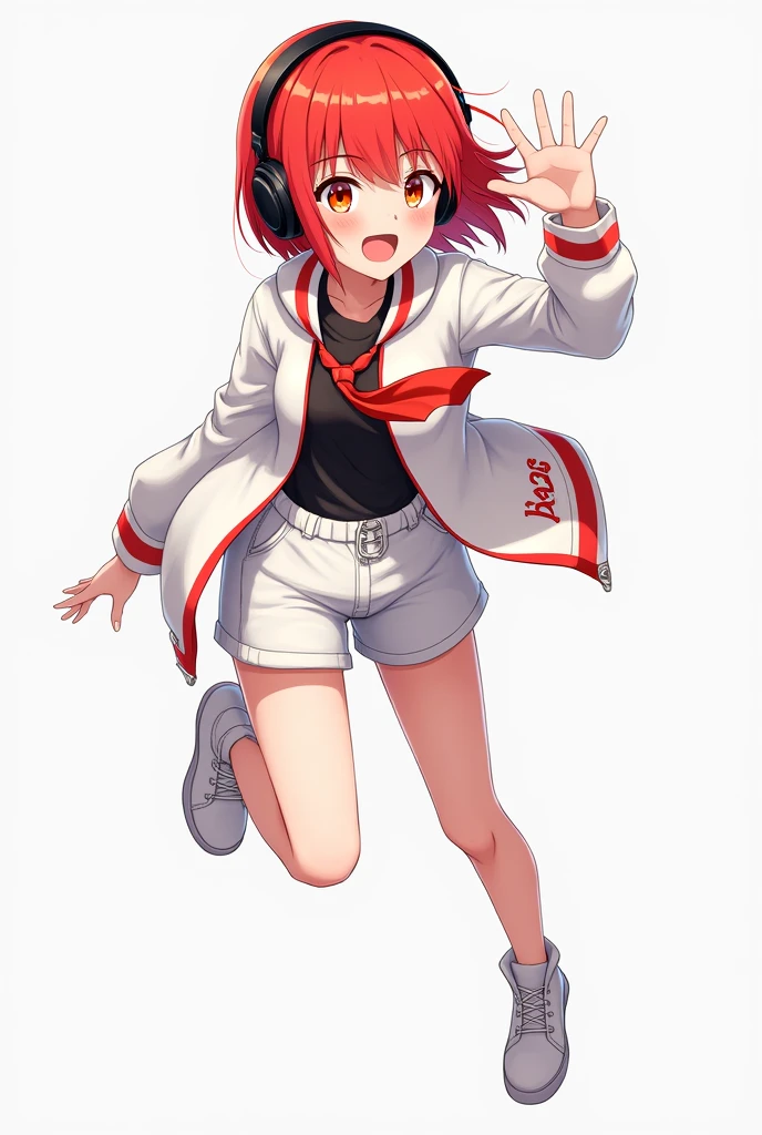 Female, Anime, Short red-haired, Faired skin, Orange eyes, Black headphones, Red twin-necktie with white stripes, Black undershirt, White hoodie, White shorts, White shoes