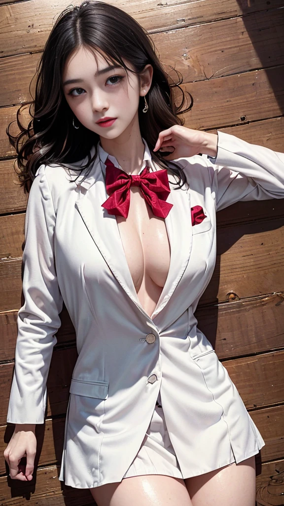 (横たわっている女の子)、Realistic, High resolution, Soft Light,1 female, alone, jewelry, Current school classroom,Biggest eyes,Low chest, Long Hair、((Farbe々Farbeのついた髪))(超Realistic)、(Awareness-raising)、(High resolution)、(8k)、(Very used to it)、(Best illustrations)、(Beautiful and beautiful eyes)、(highest quality),(Detailed face)、alone、1 girl、Looking at the audience、Get used to it、Detailed face、In the dark night、Deep Shadow、secret key、Pure erotic face ace_、length、Black shawl straight hair、46 point diagonal bangs,Female student、(White Blazer、Chest Emblem)、Translucent white blouse、Red bow tie、( 明るいFarbeで,Plaid)、,8k, highest quality, 超High resolution, Tabletop, Realistic, Realistic, High Contrast, Photon Mapping, The real picture, smile