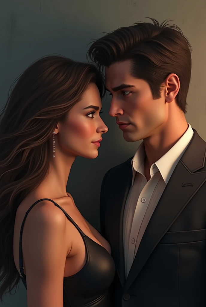 A young woman and would be 25 years old, brown hair and dark skin. Next to her, a serious, high-class 30-year-old man in a suit staring at her.. Behind them another angry jealous guy.