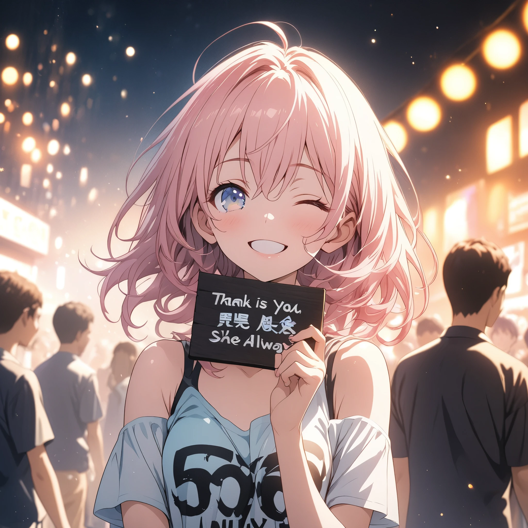 masterpiece, Highest quality, Highly detailed CG Unity 8K wallpapers, High School Girl Anime Illustration. Wear an oversized tank top、She is holding a sign that reads, "Thank you as always, 500 followers," In black letters, she has her eyes closed and mouth open, smile. The background is a light pastel colored landscape.., Pink Hair Color, blue eyes, Bokeh, (Soft Focus):1.2, Out of focus highlights, Dreamy atmosphere, Glowing circle, Fascinating Depth, The background is also realistic