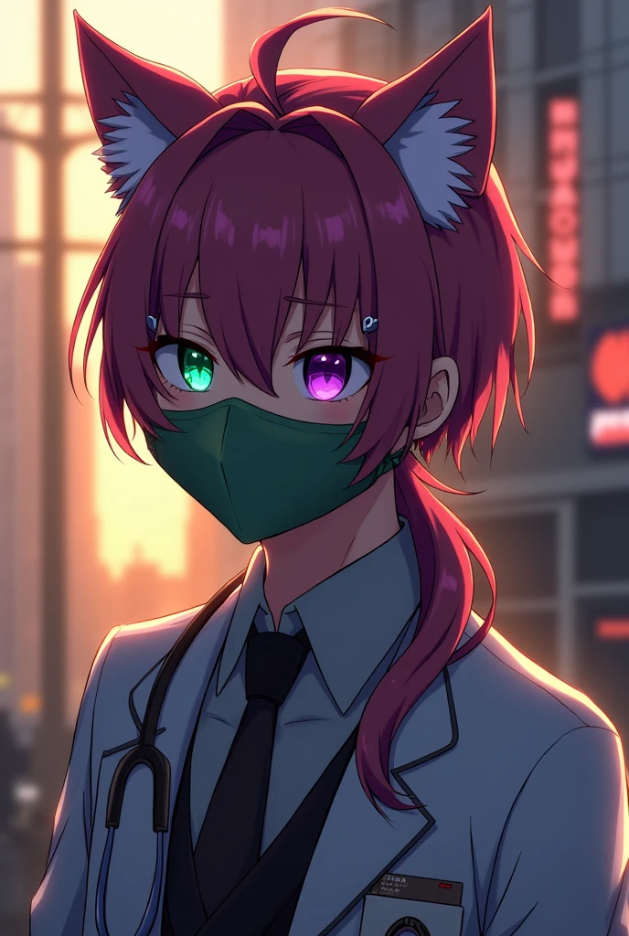 zero-two / Darling in the Franxx ] is wearing a mask, loish |, by Kamisaka Sekka, loish art style, a beautiful art illustration, digital art in pixiv, anime illustration, colorful illustration, supernatural art style, strange and dark art style, trend anime art, digital anime illustration, tumblr, by Yanagawa Nobusada male, 1boy, male focus, handsome, city afternoon sun, seductive eyes with heterochromia left eye is bright purple right eye is bright green, perfect face, handsome man, wearing a doctor uniform, depth of field, stern look, seductive eyes with heterochromia left eye bis purple right eye is green, cat ears, eye colored green and indigo, dark theme, magic sunlight