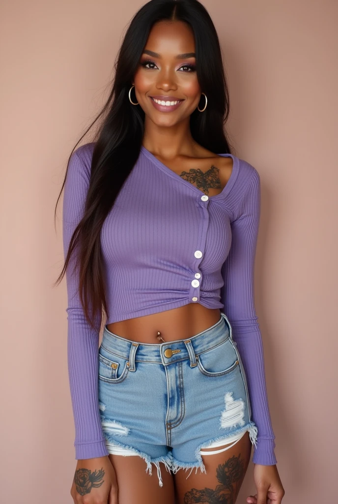 full shot, random angle, solo, big chest, flat neckline, very emotional expression of happiness, slim, toned, emotional and cheerful forehead, photogenic mouth, teeth, conventionally attractive photogenic makeup, very attractive, photogenic and beautiful makeup. , random ethnicity, long straight hairstyle, (random color:1.0) hair color, (random color:1.0) light purple eye color, dark tan skin color, unique photogenic pose, photogenic earrings, large photogenic tattoos, T-shirt with asymmetrical hem with button decoration, ribbed long sleeve casual top, ripped light blue jean shorts, for spring and autumn, women's clothing accessories, eyes, nose, lips, hair shine, eyebrows), clavicle, skin shine healthy, outline, background, common, linear shading, (colorful tattoo), big ass, thick legs