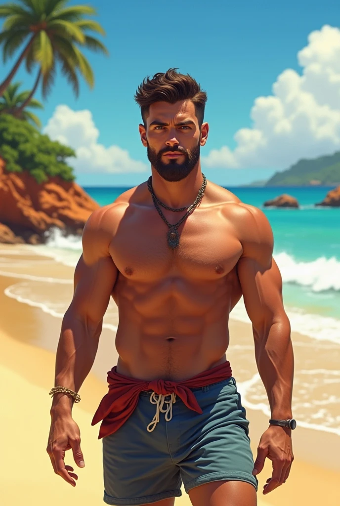 A muscular young man with a beard, around 36 years old, on Canoa Quebrada beach