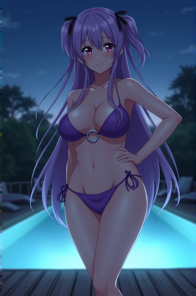 an anime image of an anime girl with large breasts and long purple hair standing on a deck, 1girl, swimsuit, breasts, passionlip (fate), bikini, purple bikini, long hair, purple hair, pool, solo, o-ring, night, huge breasts, navel, very long hair, o-ring top, hair ribbon, hand on hip, ribbon, blush, looking at viewer, sky, night sky