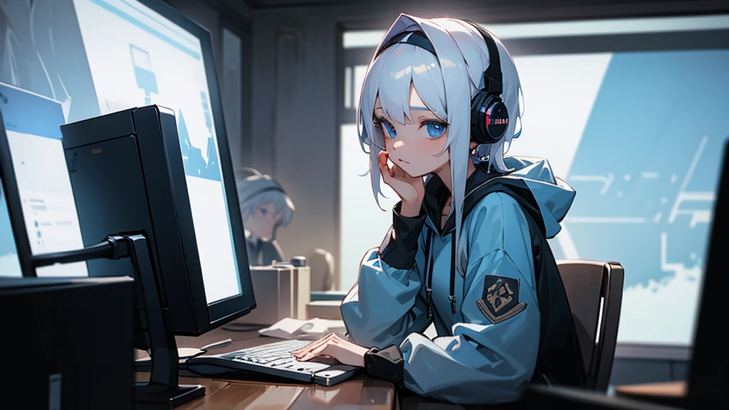 Best quaility, masterpiece, 4k, at night, A girl with white hair with blue eyes and around middle school age was wearing a hoodie, cheek cane, she wears a headset, she is facing the PC, so I can't see her face, she is in a cafe working on something on her note PC