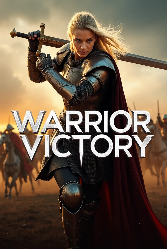 A movie poster depicting a female knight wielding a sword on a battlefield with the words "Warrior Victory" written in large letters in the center,