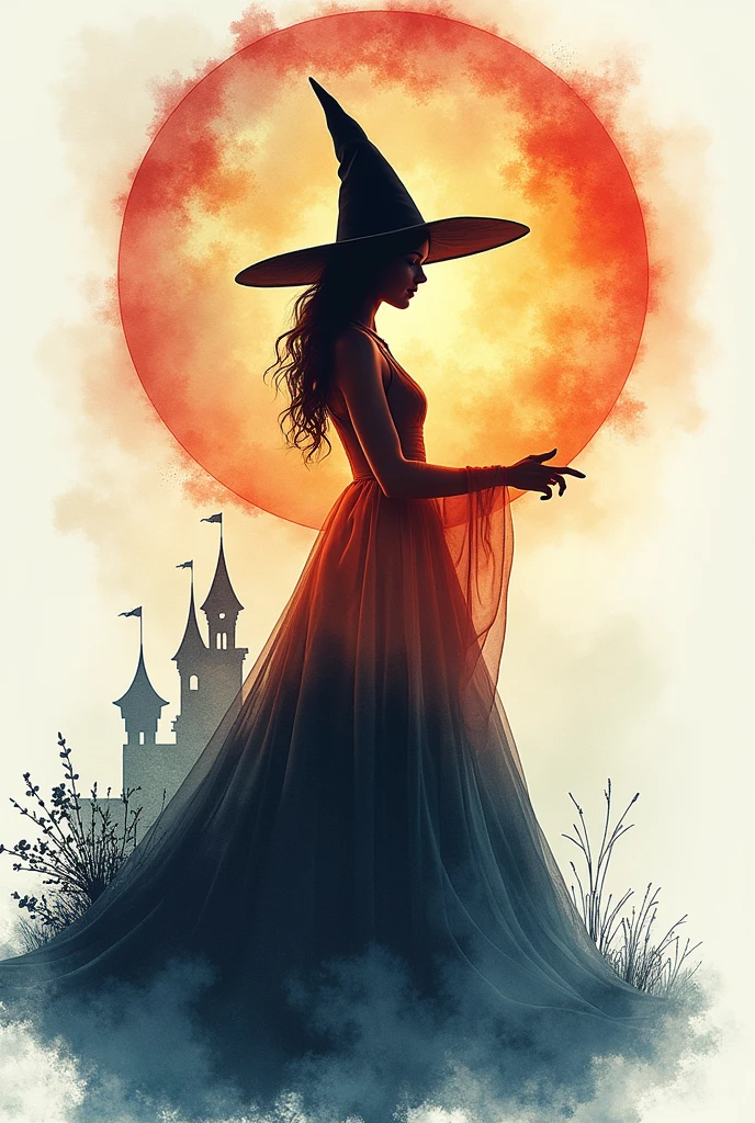 (magic circle:1.5), Aesthetic, extremely detailed, Digital fantasy double exposure watercolor silhouette of pretty young sorceress with witch hat making a magic spell with a castle sunset present on the dress. Geometric shapes in the background., by Waterhouse, Carne Griffiths, Min Jae Lee, Ana Paula Hoppe, Stylized watercolor art, Intricate, Complex contrast, HdR, sharp, soft cinematic volumetric lighting, floral fractal colors, wide and far shot, perfect masterpiece