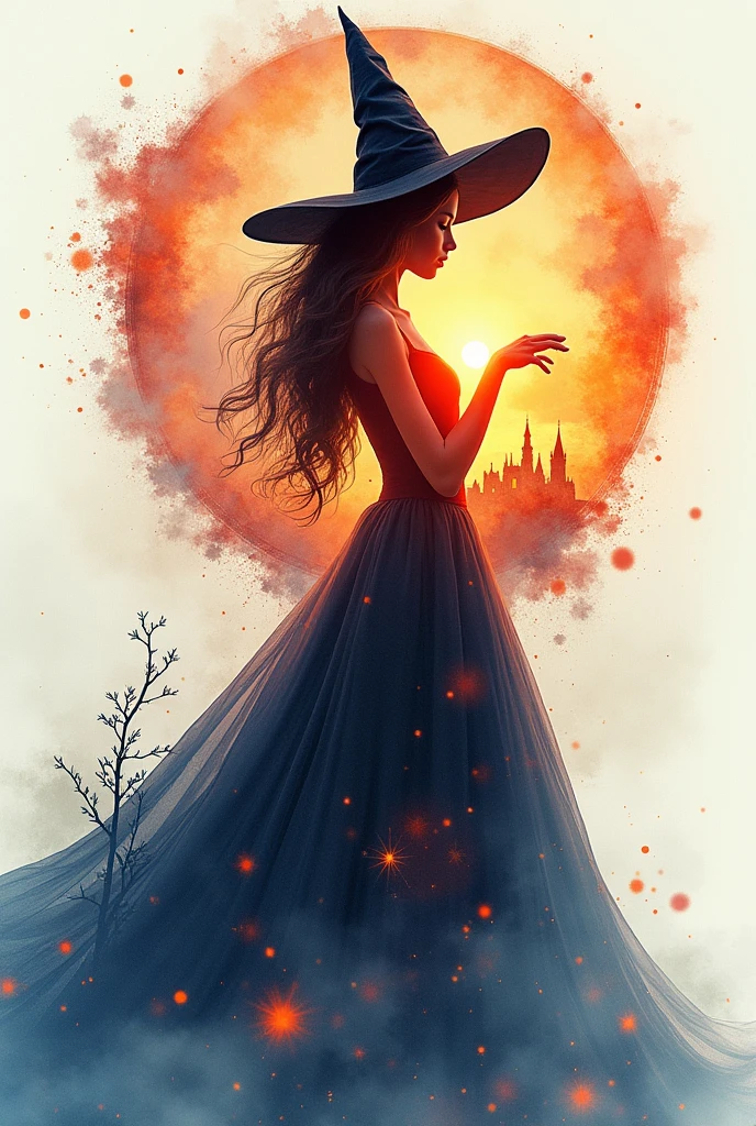 (magic circle:1.5), Aesthetic, extremely detailed, Digital fantasy double exposure watercolor silhouette of pretty young sorceress with witch hat making a magic spell with a castle sunset present on the dress. Geometric shapes in the background., by Waterhouse, Carne Griffiths, Min Jae Lee, Ana Paula Hoppe, Stylized watercolor art, Intricate, Complex contrast, HdR, sharp, soft cinematic volumetric lighting, floral fractal colors, wide and far shot, perfect masterpiece