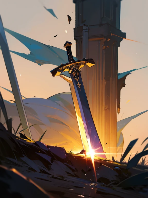 an almost damaged sword stuck in the ground in the night light