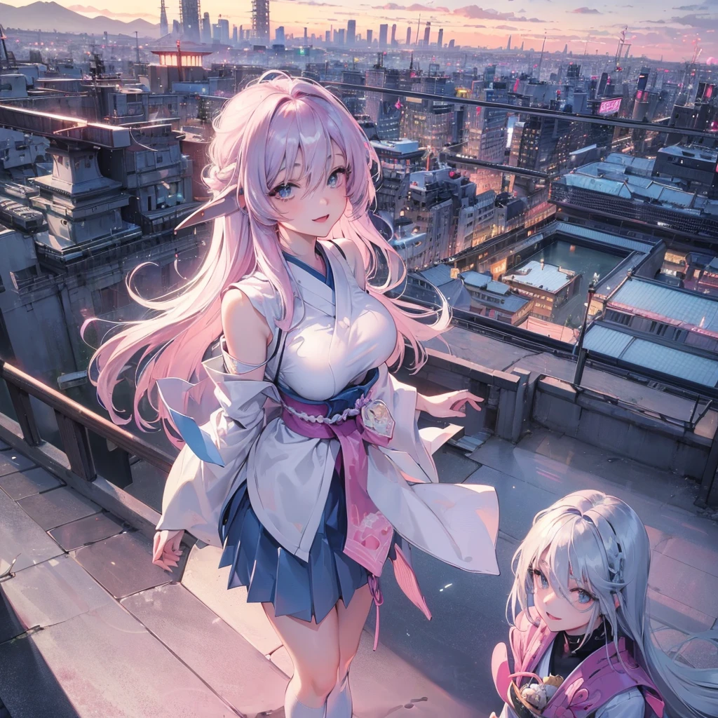 Platinum pink hair, masterpiece, Sharp focus, (Beautiful, gorgeous and cute Japanese women:1.3), (Beautiful and cute Japanese:1.3), The Beauty of Japan, Delicate and beautiful hair, eyes and face, Realistic, Super detailed, 1 girl, blue sky, Glowing White Particles, (Side light:1.2), Light of the sun, White cloud, Detailed Clouds, thin, Very big breasts and very big hips, Smiling with teeth showing, ((Smile with your eyes, Open both eyes)), scenery, Straight long hair, Sexy look, building, (Cityscape:1.7), Dynamic Hair, Straight long hair, Platinum pink hairの詳細, Blue eyes glow, (Blue pleated shirt + White Skirt), White long socks, Pale skin, hair ornaments, epic scenery
