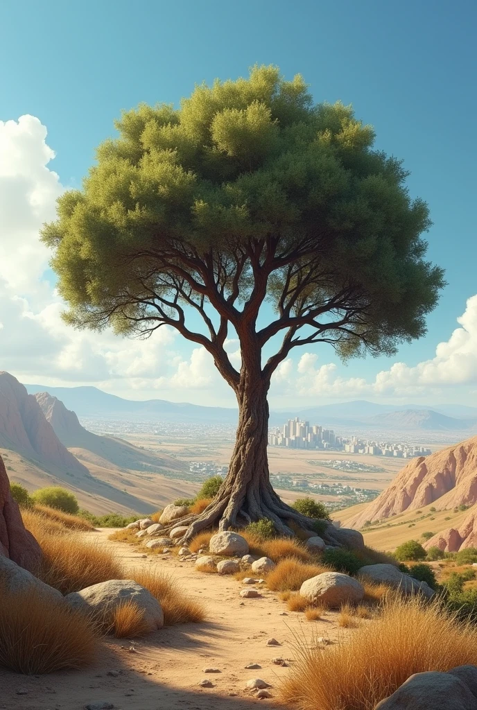 biblical representation tree flat mountain, city of samaria in the background