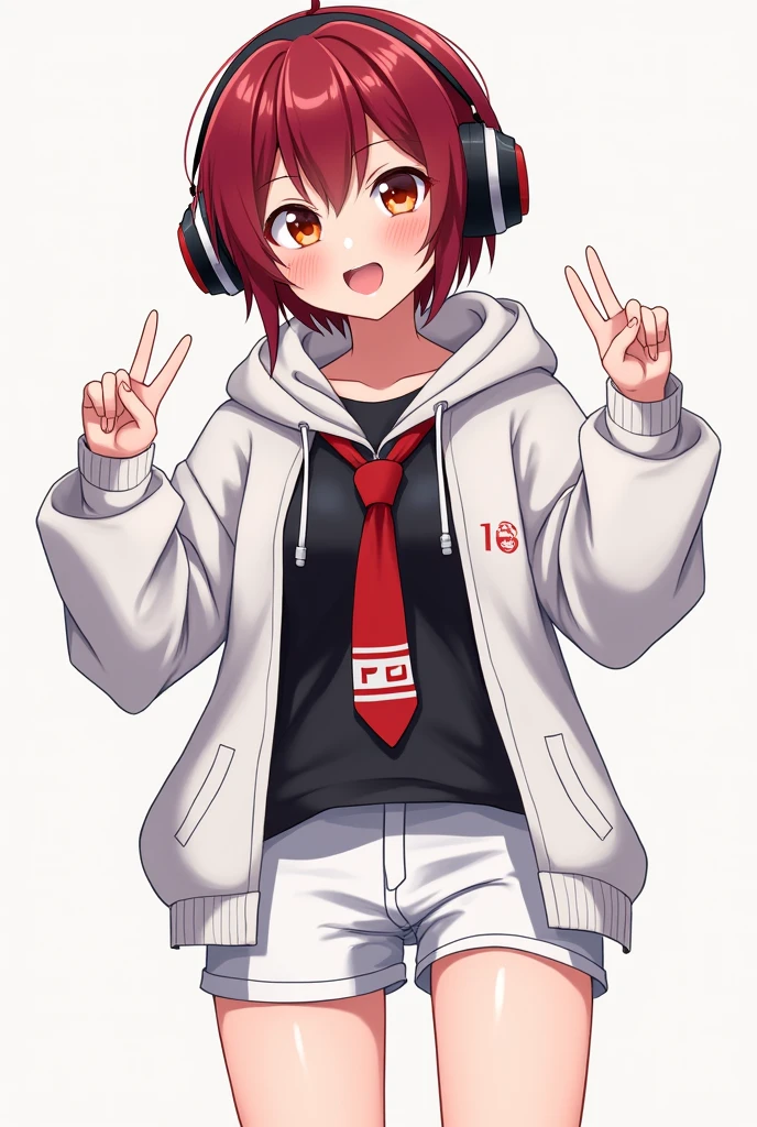 Female, Anime, Short dark red-haired, Faired skin, Orange eyes, Black headphones, Red twin-necktie with white stripes, Black undershirt, White hoodie, White shorts, White shoes