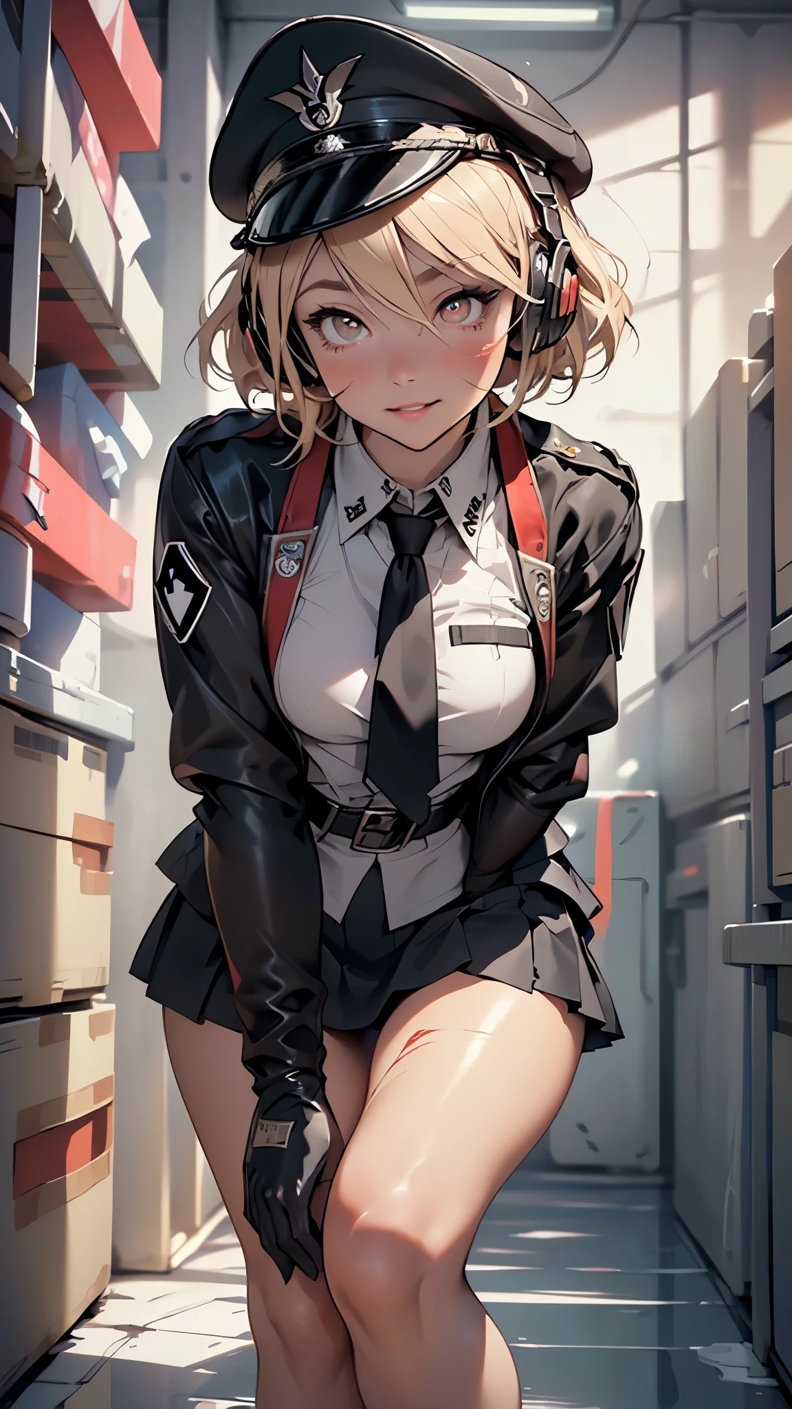 1girl,15 years old
(small breasts:1.4),((((blonde hair,short hair)))),(((red_eyes:1.3))),((tsurime)),intricate eyes,beautiful detailed eyes,symmetrical eyes,big eyes:1.5,((((lustrous skin:1.5,tanned skin,bright skin: 1.5,skin tanned,shiny skin,very shiny skin,shiny body,Reflective skin)))),(bimbo,spider lower abdomen,narrow waist,wide hip,athletic body,inflated legs,thick thighs,(detailed face)),beautiful detailed lips,(((scar on cheek))),(perfect slim body),
cute,slutty,sensual,seductive look,seductive,((erotic)),opulent,sumptuous,((nsfw)),
(black belt),(black gloves,gloves),(cross,iron cross),(black epaulettes),(hat,peaked cap,headphones:1.3,headphones over headwear),((throat microphone)),(military uniform,uniform,nazi,reichsadler,totenkopf, waffen-ss,german army,swastika),((microskirt,skirt,black skirt,pleated skirt)),(protector gear),((black jacket)),(black necktie,black shirt,collared shirt),((bare legs)),
(flirtatious pose:1.3), looking at viewer,smile,centered,scale to fit dimensions,Rule of thirds,
indoor((Nazi bunker,room, dark bunker, swastika,depths of a steampunk bunker)),scenery:1.25,((intricate scenery)),
(Glossy steampunk ornaments),highres,sharp focus,(ultra detailed,extremely detailed),(photorealistic artwork:1.37),(extremely detailed CG unity 8k wallpaper),(((vibrant colors,vibrant theme))),(intricate),(masterpiece),(best quality),artistic photography,(photography taken by sldr),(intricate background),perfect rendered face,perfect face details,realistic face,photo realistic,((intricate detail)),(((realism))),