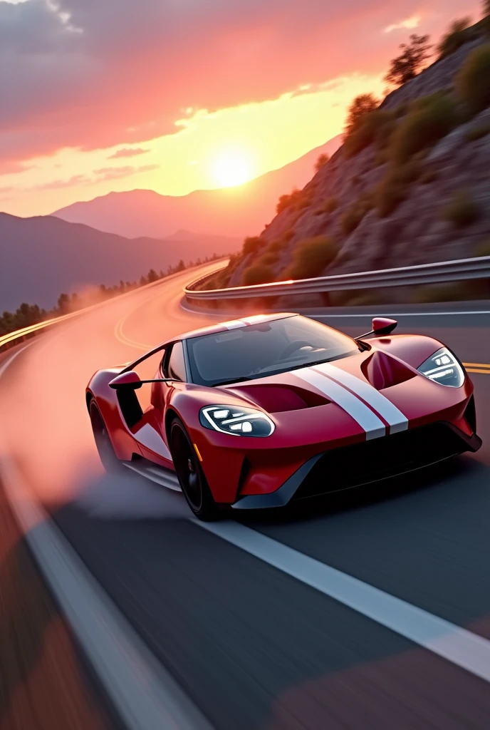 A breathtaking cinematic 3D rendering of a sleek red Ford GT 2017 racing along a mountain highway at sunset. The car's speed creates a mesmerizing blur of dust and vibrant racing stripes. The low-angle shot captures the essence of high-speed action and adrenaline, with the sunset backlight casting dramatic shadows and enhancing the car's striking colors. The ultra-high-definition resolutions of UHD, 8K, and 16K combine to deliver an incredibly immersive and cinematic experience., cinematic, photo
