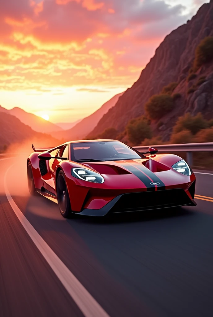 A breathtaking cinematic 3D rendering of a sleek red Ford GT 2017 racing along a mountain highway at sunset. The car's speed creates a mesmerizing blur of dust and vibrant racing stripes. The low-angle shot captures the essence of high-speed action and adrenaline, with the sunset backlight casting dramatic shadows and enhancing the car's striking colors. The ultra-high-definition resolutions of UHD, 8K, and 16K combine to deliver an incredibly immersive and cinematic experience., cinematic, photo