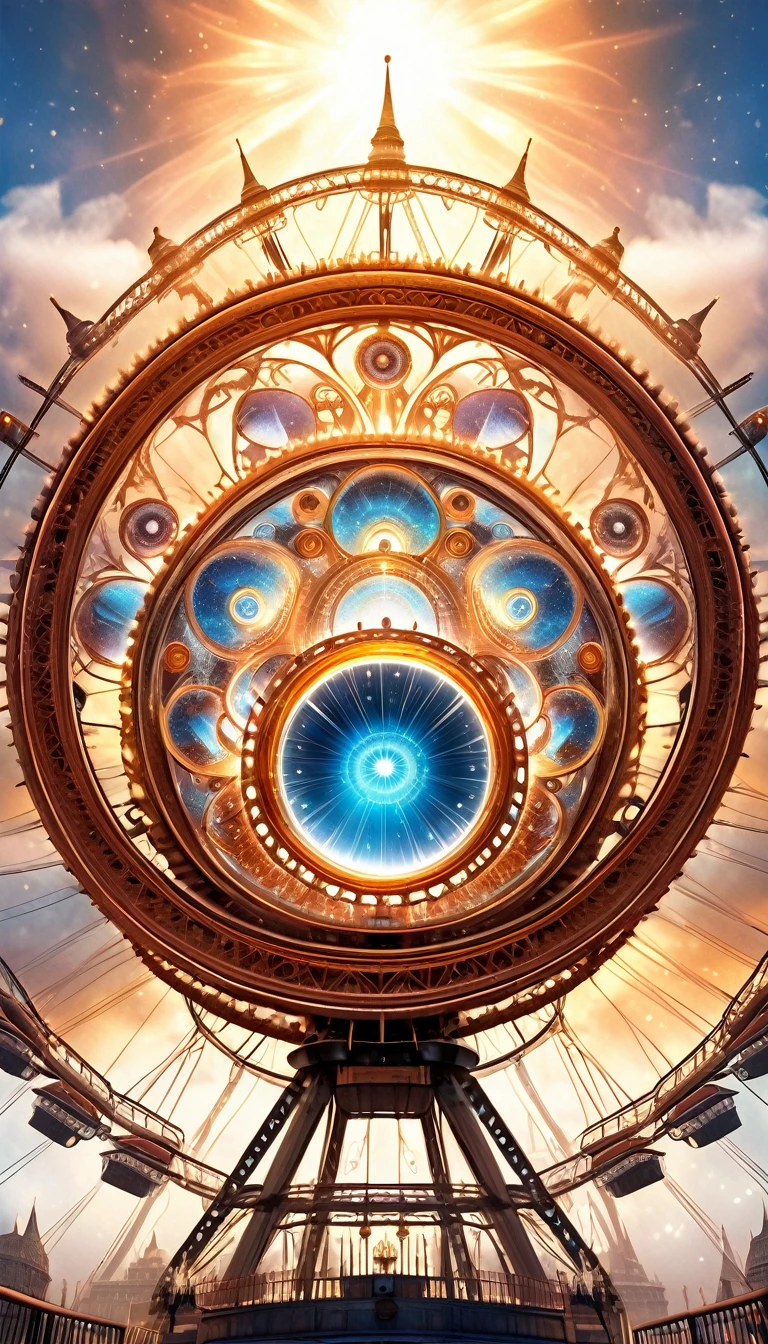 fusion of kaleidoscope, magic circle and Ferris wheel, four towers of copper-plated coils arranged on all four sides, shading effects, gradation magic effects, foggy filter effects, glitter effects, (ultra detailed, absolutely resolution, best quality:1.3), 2.5D, delicate and dynamic, artistic photography, hyper realistic, graphic CG digital fantasy art